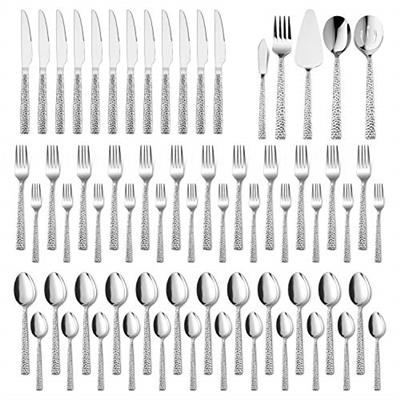 65-Piece Silverware Set with Serving Pieces, E-far Stainless Steel Hammered Flatware Eating Utensils Service for 12, Modern Tableware Cutlery Set with