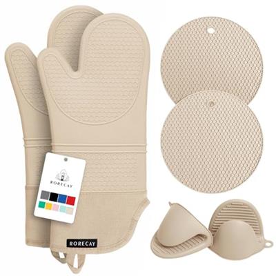 Rorecay Extra Long Oven Mitts and Pot Holders Sets: Heat Resistant Silicone Oven Mittens with Mini Oven Gloves Hot Pads Potholders for Kitchen Baking
