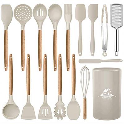 MIBOTE 17 Pcs Silicone Cooking Kitchen Utensils Set with Holder, Wooden Handles BPA Free Non Toxic Silicone Turner Tongs Spatula Spoon Kitchen Gadgets