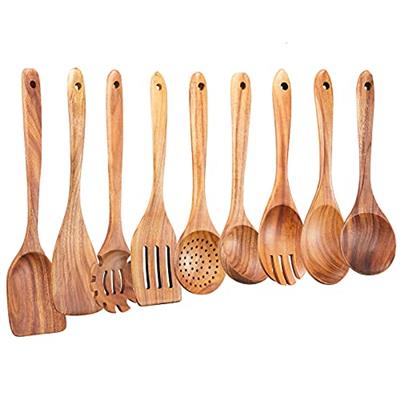 Wooden Kitchen Utensils Set,GUDAMAYE 9 PCE Natural Teak Wooden Spoons For Non-stick Pan for Cooking,