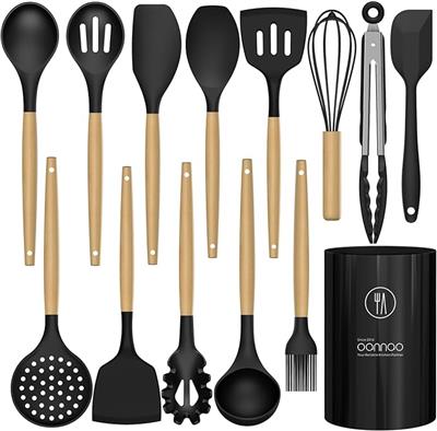 Amazon.com: 14 Pcs Silicone Cooking Utensils Kitchen Utensil Set - 446°F Heat Resistant,Turner Tongs, Spatula, Spoon, Brush, Whisk, Wooden Handle Gray