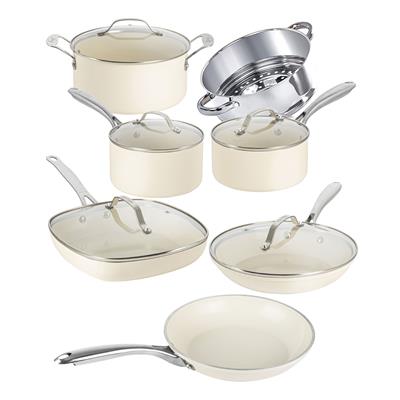 Gotham Steel Cream 12 Piece Ultra Nonstick Ceramic Cookware Set with Stay Cool Handles