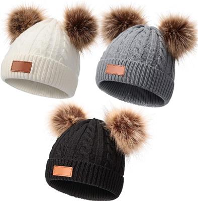 Kids Winter Pompom Hat Knitted Ski Beanie Hat Double Pom Beanie Cap for Girls Boys, for 1-3 Years Old (Gray, White, Black, 3 Pieces) : Amazon.co.uk: F
