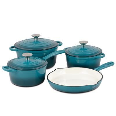 Basque Enameled Cast Iron Cookware Set, 7-Piece Set (Biscay Blue), Nonstick, Oversized Handles, Oven