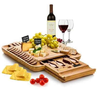 Bamboo Cheese Board & Cutlery Set with 4 Knives in Slide-out Drawer - 13.5