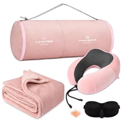 urnexttour Travel Pillow and Blanket Set Neck Pillows Travel Essentials with Sleep Mask for Airplane Car Memory Foam Pink