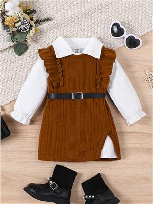 SHEIN Baby Girls Casual Vintage Elegant Turn-Down Collar Top With Dress Set And Belt, Suitable