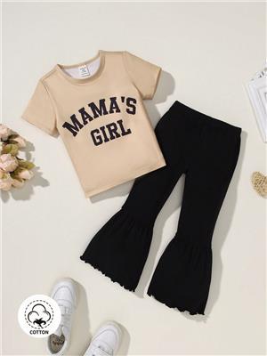 Baby Girl Street Fashion Letter Printed Top And Solid Color Bell-Bottom Pants Set