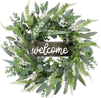 Amazon.com: Sggvecsy Green Artificial Eucalyptus Wreath with Welcome Sign 20in Mixed White Berries Spring Summer Wreath for Front Door Wall Window Far