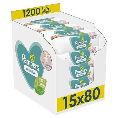 Pampers Sensitive Baby Wipes 15 Packs of 80 = 1200 Baby Wet Wipes, Unscented, For a Soft And Gentle Clean