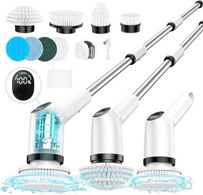 Electric Spin Scrubber, Shower Scrubber with 8 Replacement Scrubber Head, 53 inch Extension Arm, 1.5H Bathroom Scrubber Dual Speed, Electric Cleaning