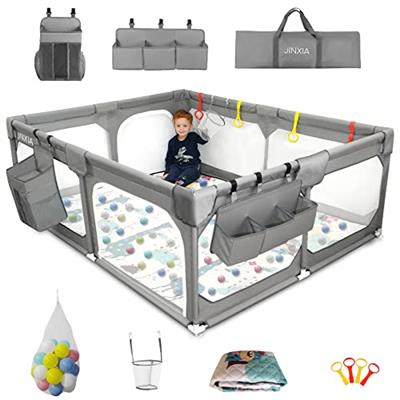 Baby Playpen with Mat 75*59, Extra Large Playpen for Babies and Toddlers with Storage Bag & Mesh, Fodable Climb-Proof Anti-Fall Baby Playpen, Sturdy