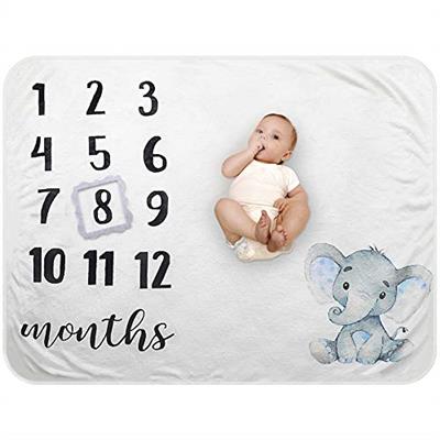 Baby Monthly Milestone Blanket - Organic Plush Fleece Photography Background Prop for Boy Girl Newborn Soft Elephant Blanket with Frame Large 47x40