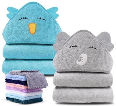 Cute Castle 2 Pack Hooded Baby Towel Rayon Made from Bamboo and 8 Washcloths - Lovely Elephant, Happy Bird