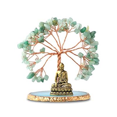 CRUCISRESIN Buddha Statue with Healing Crystal Tree, Tree of Life for Positive Energy. Home Decor Yoga Meditation. Green.(B)