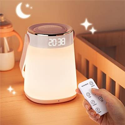 ALACRIS Night Light Dimmable, Bedside Table Lamp with Alarm Clock, Time and Temperature Display, Timing and Remote Control for Bedroom Sleep Aid, Kids