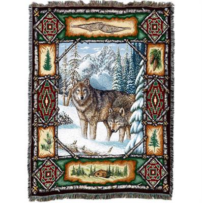 Wolf Lodge - Cotton Woven Blanket Throw - Made in the USA (72x54)