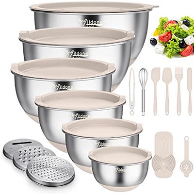 Wildone Mixing Bowls with Airtight Lids, 22 PCS Stainless Steel Nesting Bowls, with 3 Grater Attachments, Scale Marks & Non-Slip Bottom, Size 5, 4, 3,