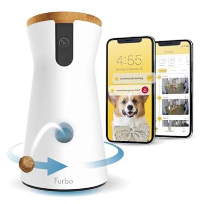 Furbo 360° Dog Camera + Dog Nanny w/Smart Alerts (Paid App Subscription Required): Home Emergency & Dog Safety Alerts | 360° Rotating Dog Tracking, Tr