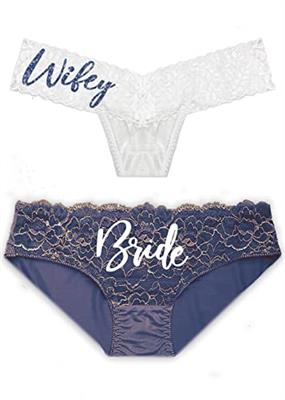 Blue Bride Panties - SET OF 2 White Glam Bride Peacock Blue Lace Front Bikini & Navy Sparkle Wifey White Stretch Lace Thong Panty - Bridal Lingerie fo