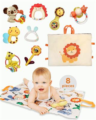 Move2Play, 8 Piece Baby Rattle and Tummy Time Mat Set | Rattle and Silicone Teething Toys | Baby Toys 3-6 Months | 3, 4, 5, 6 Month Old Must Have | In