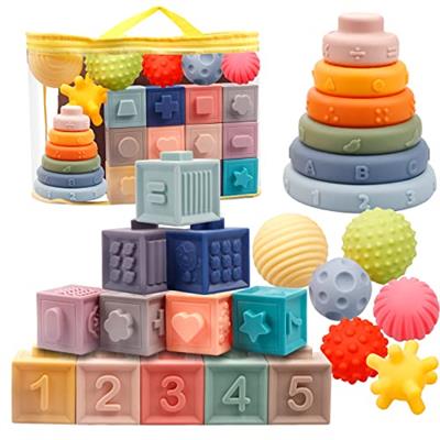 24 Pack Montessori Toys for Babies, Soft Building Blocks for Baby, Sensory Teethers Toy Educational Squeeze Play with Numbers Animals Shapes Textures