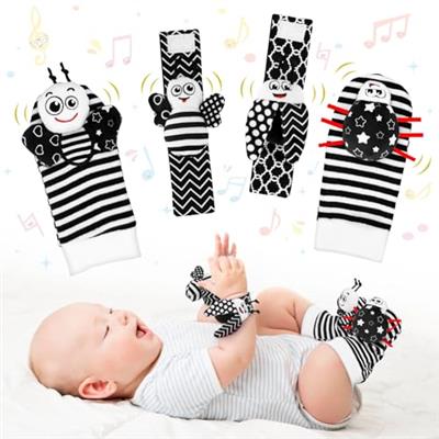 Baby Toys 0-6 Months, Foot Finders & Wrist Rattles for Infants Toys Black and White Sensory Toys Baby Essentials for Newborn Wrist Rattle Baby Gifts,