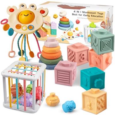 Aliex Baby Toys, 4 in 1 Montessori Toys for Babies, Food-Grade Silicone Sensory Toys | Stacking Blocks | Shape Sorter | Activity Cube | Gifts