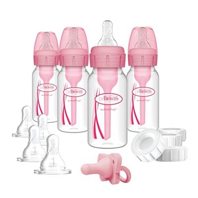 Dr. Browns Anti-Colic Baby Feeding Set with Slow Flow Nipples, Travel Caps, Silicone Pacifier - Pink