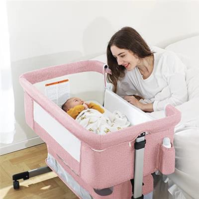 Ihoming Baby Bassinet Bedside Sleeper, Baby Bed Side Crib with Storage Basket, Easy Folding Bassinets, Adjustable Baby Bed for Infant Newborn, Pink