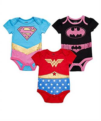 DC Comics Justice League Baby Girls Bodysuit 3-Pack - Baby Girl Clothes (Blue/Red/Black, 3-6M)