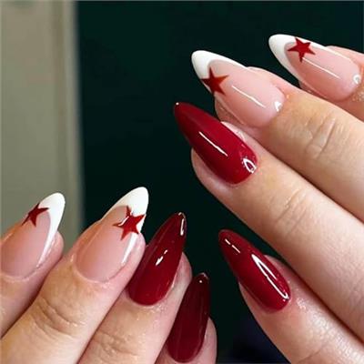 24Pcs White French Tips Medium Almond Press on Nails with Red Five-pointed Star Design, Glossy False Nails Gel Glue on Nails, Solid Color Manicure Art