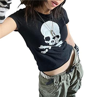 Y2k Fairy Grunge Crop Tops Women Aesthetic Baby Tees t Shirts Teen Girls Short Sleeve Cute Slim Fitted Harajuku Gothic Goth Punk Graphic Printed Vinta