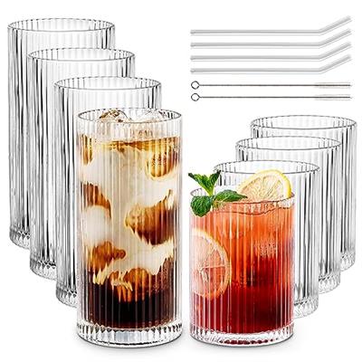 Combler Cocktail Glasses Drinking Set of 8, 4pcs Collins Glass Cups with Straw 12oz & 4pcs Rocks Glasses 9oz, Ribbed Glassware for Coffee Wine Whiskey