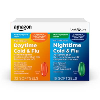 Amazon Basic Care Cold and Flu Relief, Daytime and Nighttime Combo Pack Softgels, Powerful Cold Medicine for Day and Night Multi-Symptom Relief, 48 Co