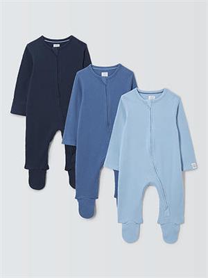 John Lewis Baby Two Way Zip Ribbed Cotton Sleepsuit, Pack of 3, Blue/Multi at John Lewis & Partners
