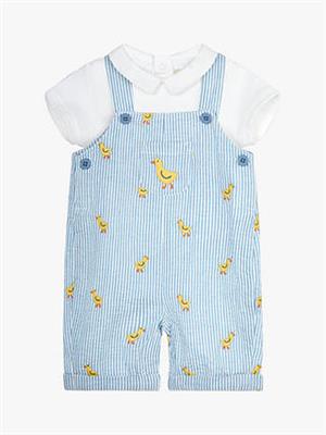 JoJo Maman Bébé Baby Chicks Embroidered Stripe Dungarees & Bodysuit Set, Blue/Multi at John Lewis & Partners