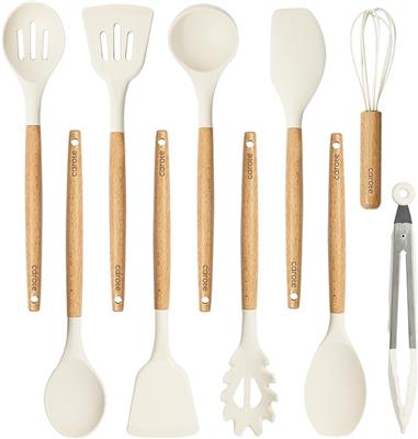 Amazon.com: CAROTE Silicone Cooking Utensils Set for Kitchen,446°F Heat Resistant 10 pcs Non-Stick Cooking Set with Wooden Handle Spatula Turner Spoon