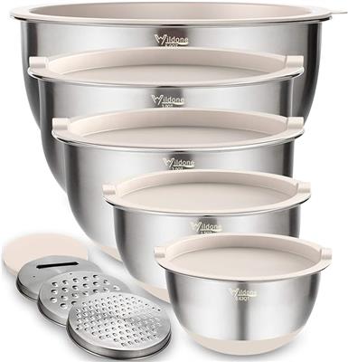 Amazon.com: Wildone Mixing Bowls Set of 5, Stainless Steel Nesting Bowls with Khaki Lids, 3 Grater Attachments, Measurement Marks & Non-Slip Bottoms,