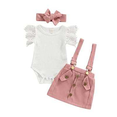 Infant Girls Summer 3Pcs Outfit Sets Ruffle Short Sleeve Ribbed Romper + Suspender Skirt + Headband (A-Pink, 3-6 Months)