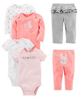Simple Joys Baby Girls 6 piece Little Character set Sleepwear, Pink Bunny, 3-6 Months