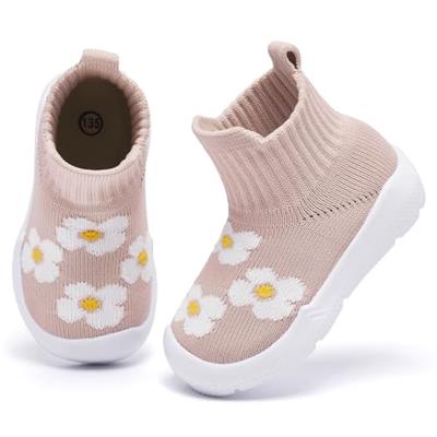 MORENDL Baby Sock Shoes Toddler Walking Shoes Infant Slippers Boys & Girls Non-Slip Sneakers Beige/Flower 6-9 Months