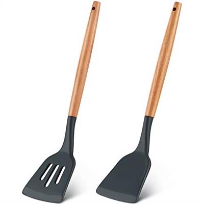 2 Pieces Silicone Slotted Turner Set, Silicone Turner Spatula with Wood Handle, Heat Resistant Kitchen Spatula Non-stick Kitchen Utensil for Fish, Coo