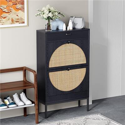 Amazon.com: Yechen Shoe Rack Storage Organizer with 2 Natural Semi-Circular Rattan Doors, Entryway Wooden Shoe Cabinet for Sneakers, Leather Shoes, Hi