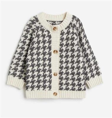 Knit Cardigan - Round neck - Long sleeve - Dark grey/Dogtooth pattern - Kids | H&M AU