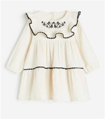 Embroidered Design Dress - Round neck - Long sleeve - Cream/Flower - Kids | H&M AU