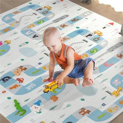 DICAO Baby Play Mat Foldable, Double-Sided Crawling Mat Kids Waterproof Portable Mat, Anti-Slip Reversible Large Activity Play Mat for Children in Bed