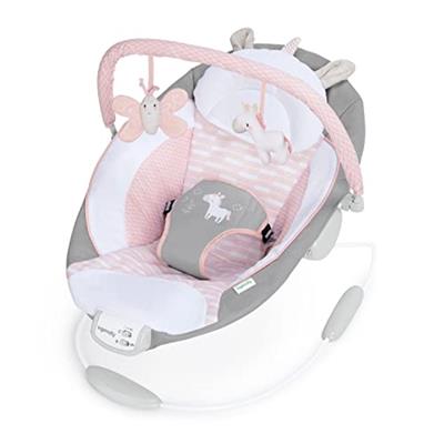Ingenuity, Cradling Baby Bouncer Seat Flora the Unicorn, Ultra-Plush Padded Chair with Vibration and Melodies, Removable Toy Bar, Ages Newborn +, Grey