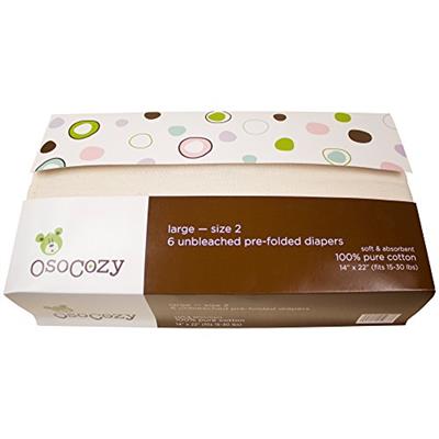 OsoCozy Unbleached Prefold Cloth Baby Diapers, Size 2 (15-30 lbs.), Soft, Absorbent, Durable 100% Natural Cotton, Unbleached Natural Color -6 Pack