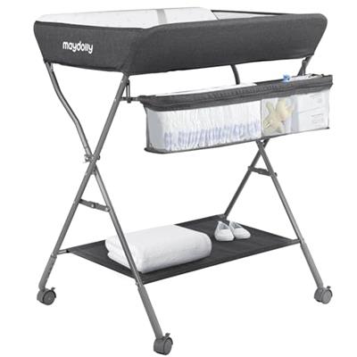 Baby Changing Table with Wheels, Maydolly Portable Adjustable Height Folding Diaper Station with Nursery Organizer & Storage Rack for Newborn Baby and